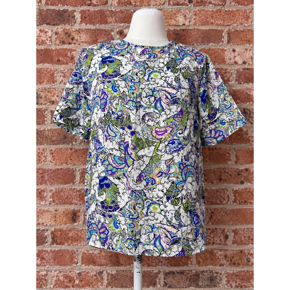 VTG 100% Silk Short Sleeve Paisley Print Blouse S Shoulder Pads 90s Boho Retro